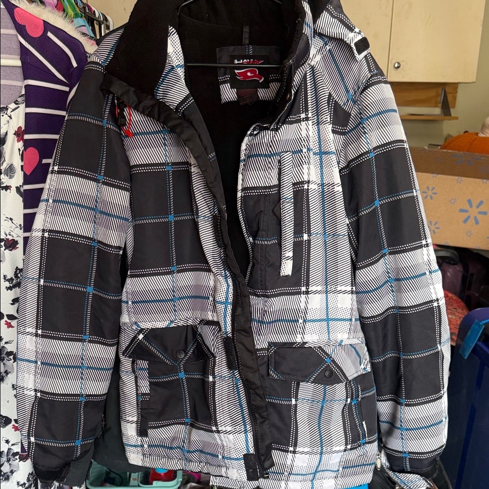 Tony Hawk Black White & Blue Plaid Hooded Ski Jacket